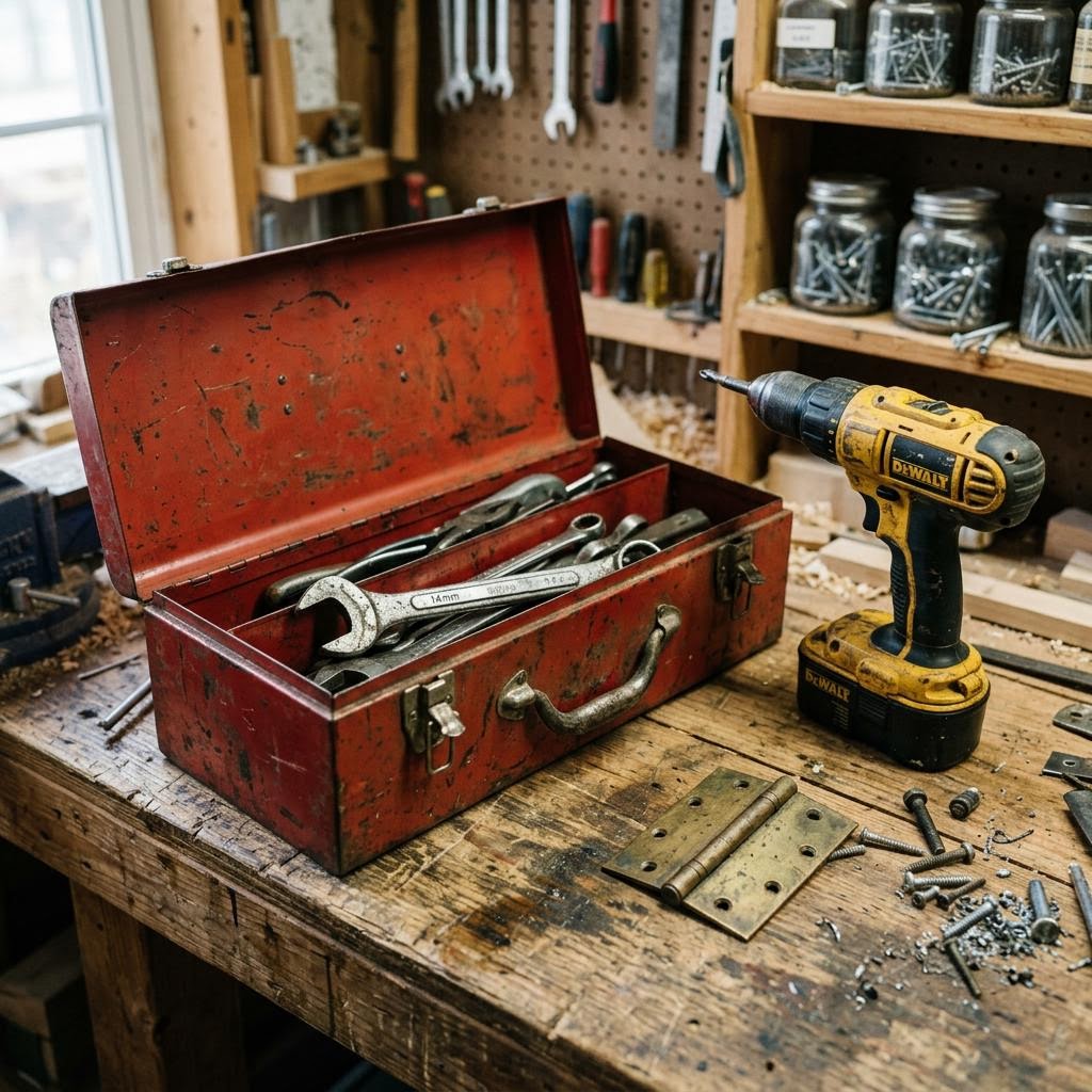 Handyman tools on a workbench